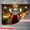 2D Luxuriöser Palast Treppenhaus Hintergrund, Vintage Goldener Ballsaal Roter Teppich Hochzeitsfotoshooting Dekor Banner