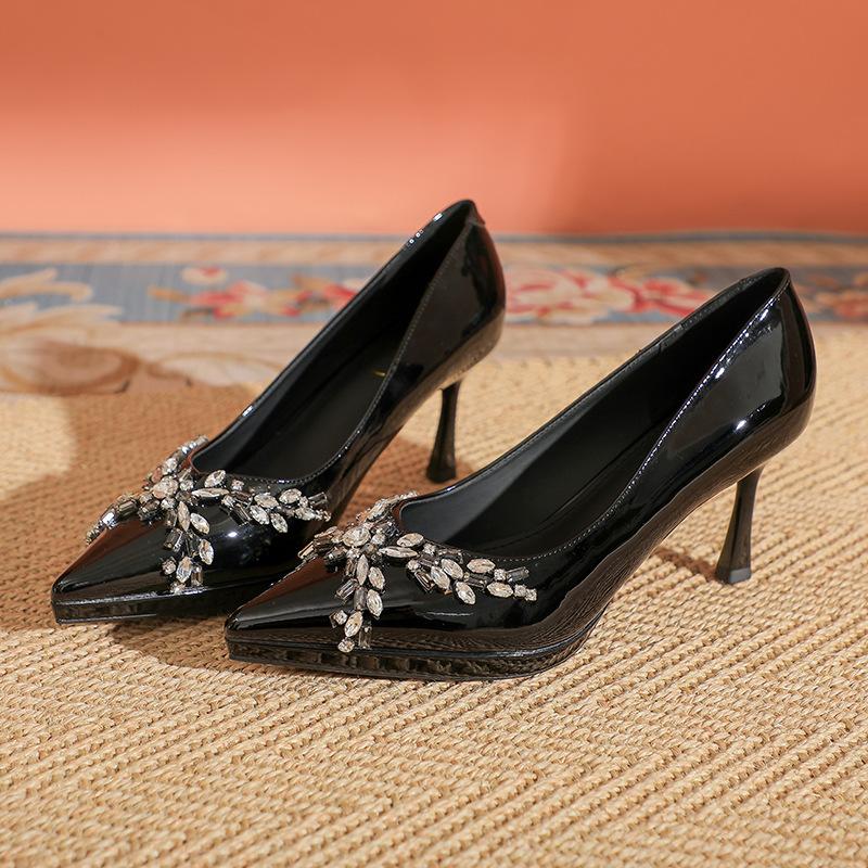 

Black patent leather wedding shoes main wedding dress bride shoes new show he two wear rhinestones wedding engagement high heels stiletto 39
