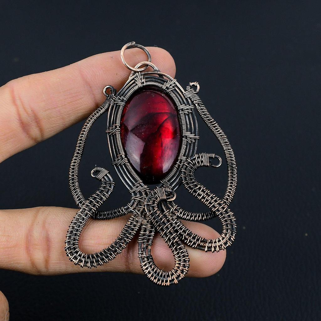 Red Flash Labradorite Pendant, 999 Copper Wire Wrapped Jewelry, Gemstone Jewelry Pendant, Handmade Wedding Gift Jewelry