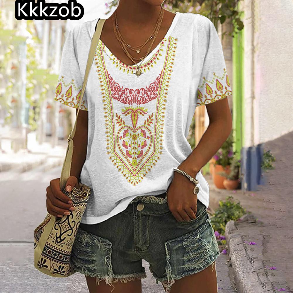 2025 Vintage Shirt for Women Totem Printed Ethnic Style Women's Clothing Summer Casual Short Sleeved Tops Tees Oversized T-Shirt