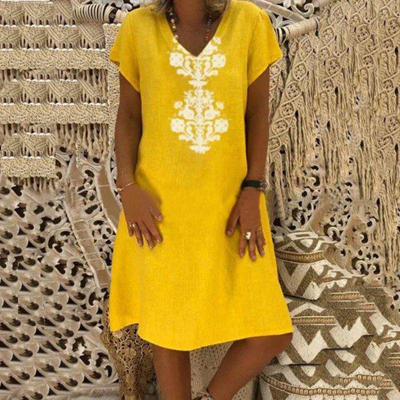 Versatile Women's Baggy Loose Short Sleeve V-neck Linen Kaftan Madi Dress Perfect For Daily Wear And Beach Outings