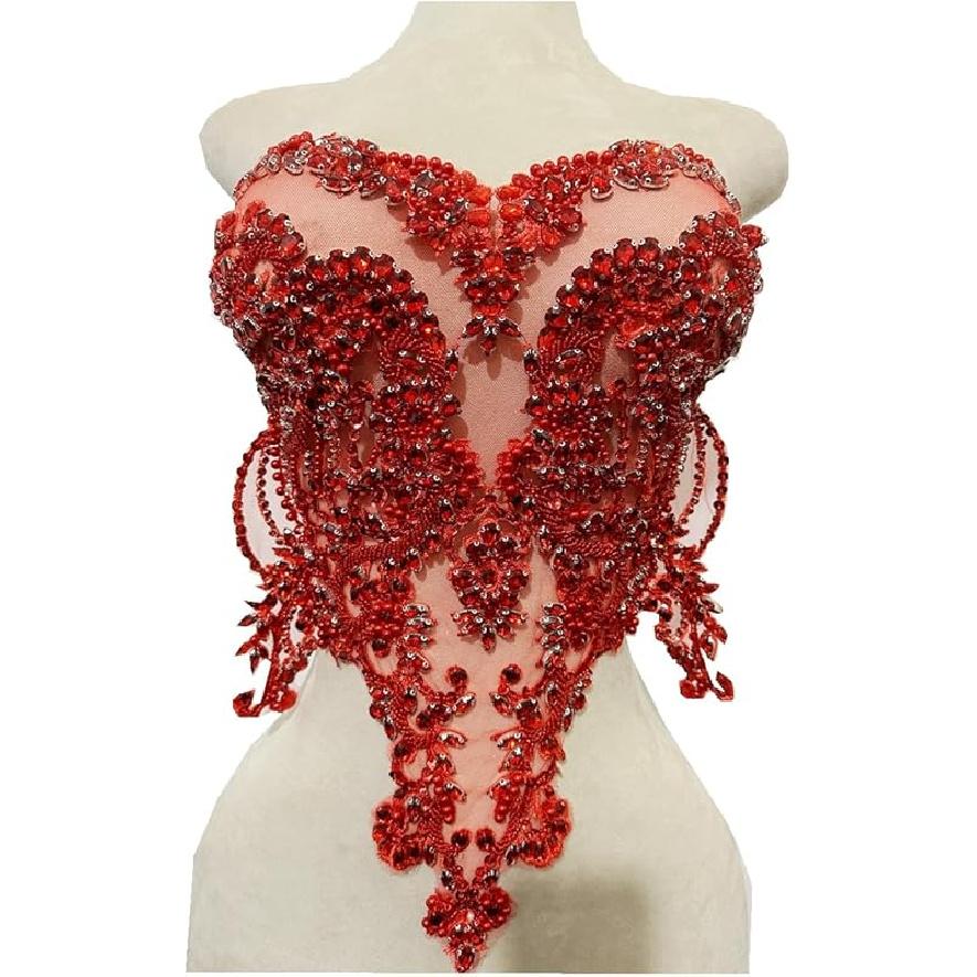 Handmade red/Blue/Gold/Green Rhinestones Lace Bodice Applique Sewing Beads Crystal Trim Patches Accessory for Dress Clothes (Light Champagne)