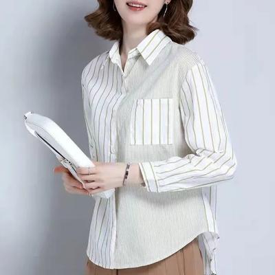 Blusa a righe larga a maniche lunghe da donna per la primavera, design fresco, top con inserti e colletto