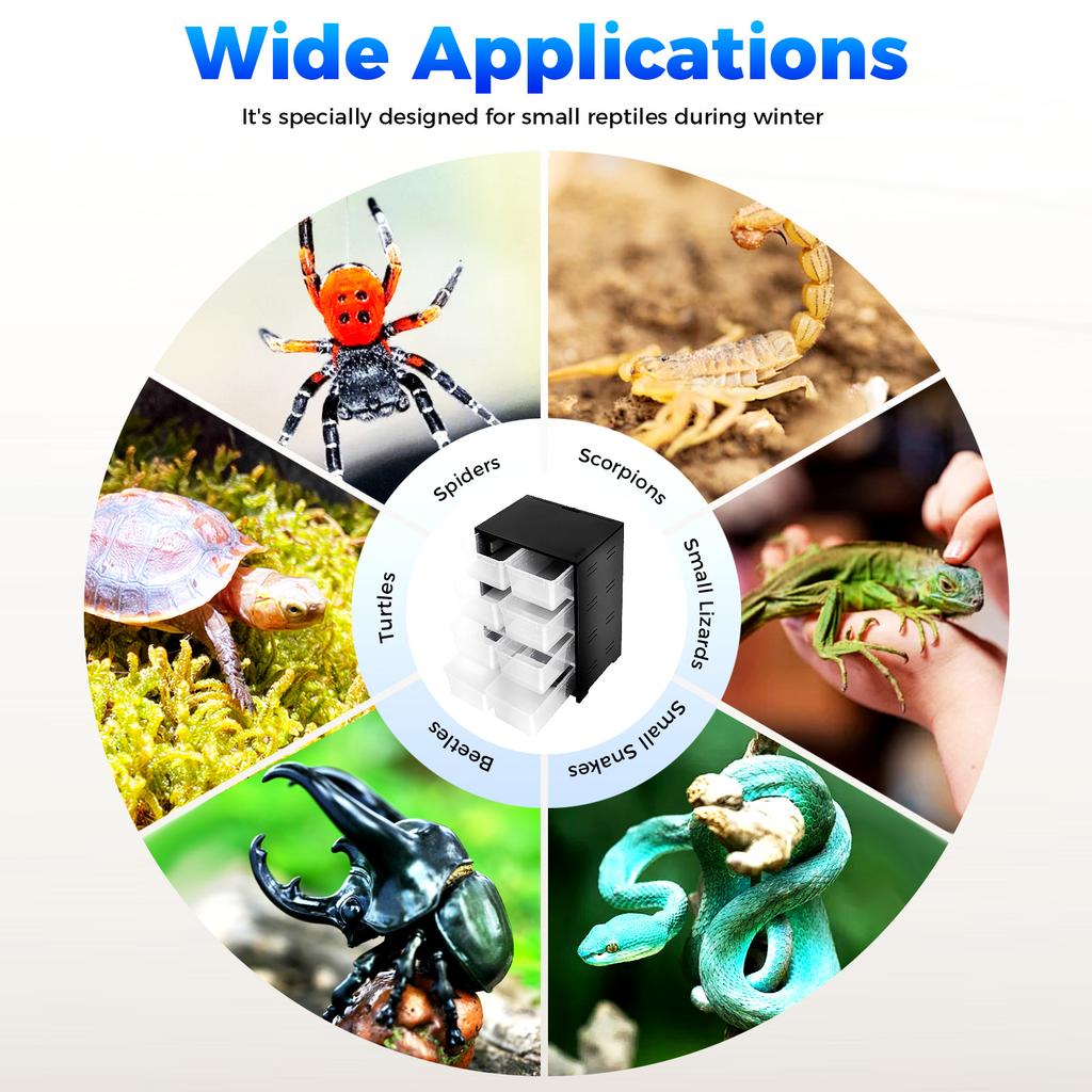 8-stöckiger Reptilienzuchtschrank mit Heizmatte, 8 transparente Boxen Habitat-Set für Eidechsen Schlangen Spinnen Skorpione