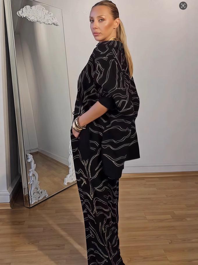 European & American Autumn Print Two-Piece Set: Long Sleeve Top & Wide Leg Pants