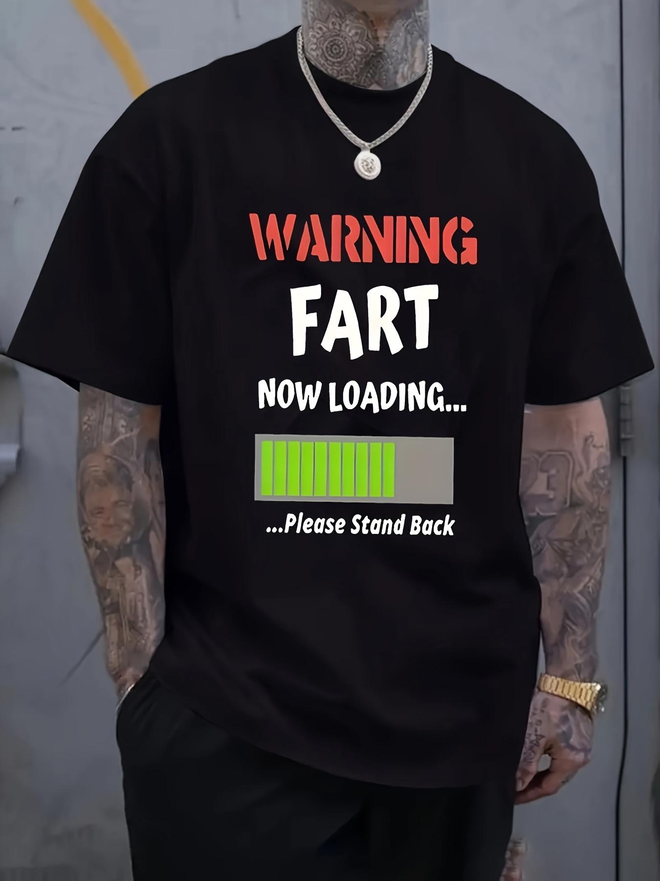 Humorous Warning Fart Now Loading Graphic T-shirt - Black Casual Short Sleeve Round Neck Tee with Red Text L