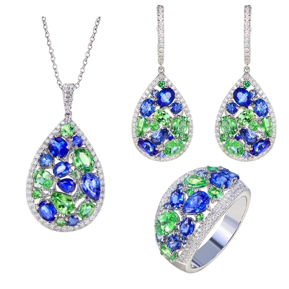 

Elegant Women Jewelry Set with Sapphire Tsavorite Diamond Pendant Open Ring Long Ear Hook Earrings
