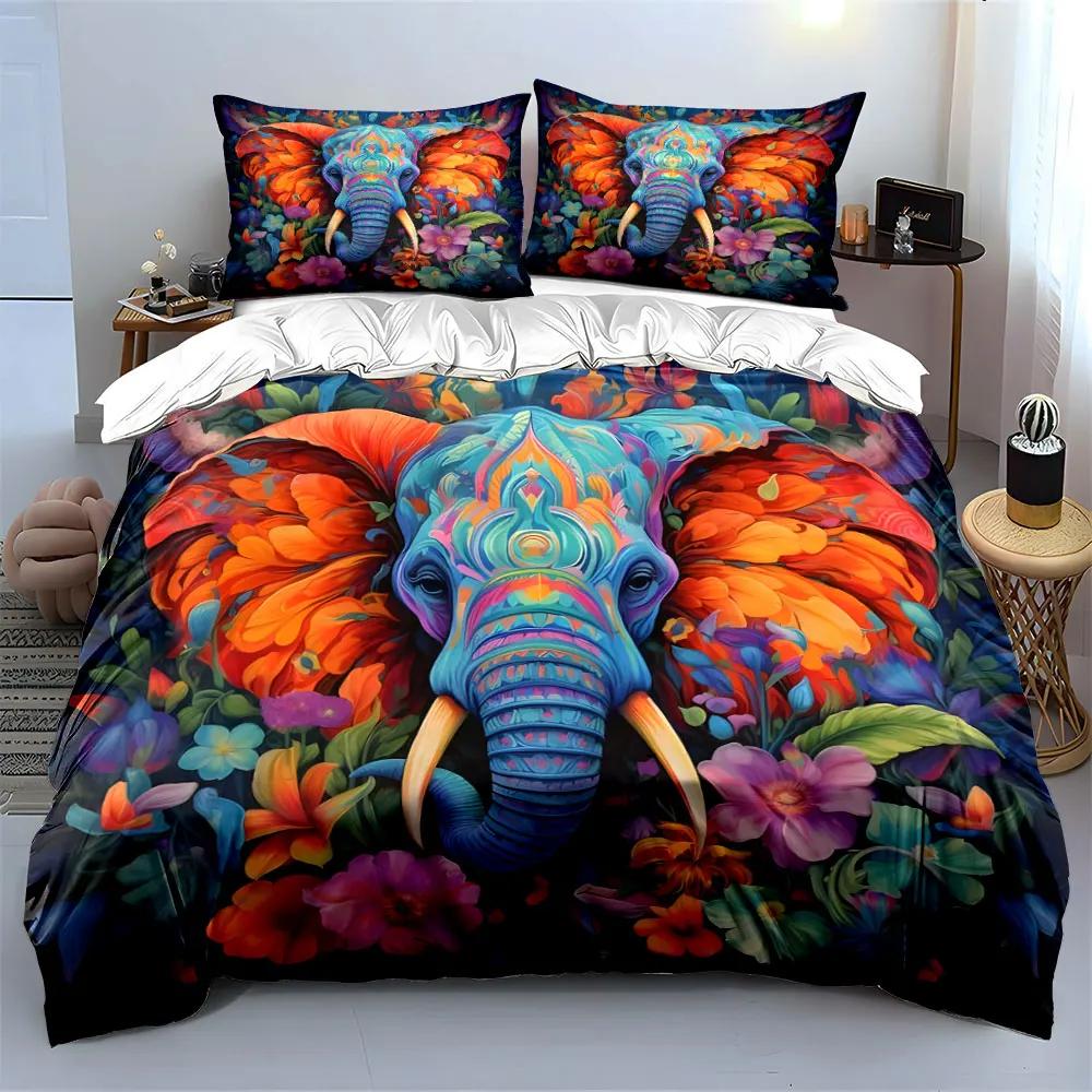 Colorful Elephant Floral Art Set Multiple sizes kid's and adults' bedroom Exquisite 3PC bedding set gift