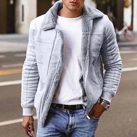 Men Winter Coat Zipper Fleece Solid Color Thick Turn-down Collar Keep Warm Casual Plus Size Long Sleeves Retro Outdoor Coat for Motocycling