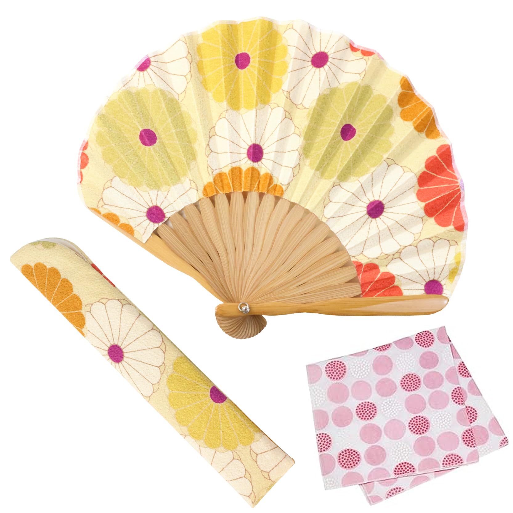 

[Osaka Choseido] Женский стильный складной веер, сумка для делового веера, чехол для веера и набор носовых платков, Большая хризантема (желтый)