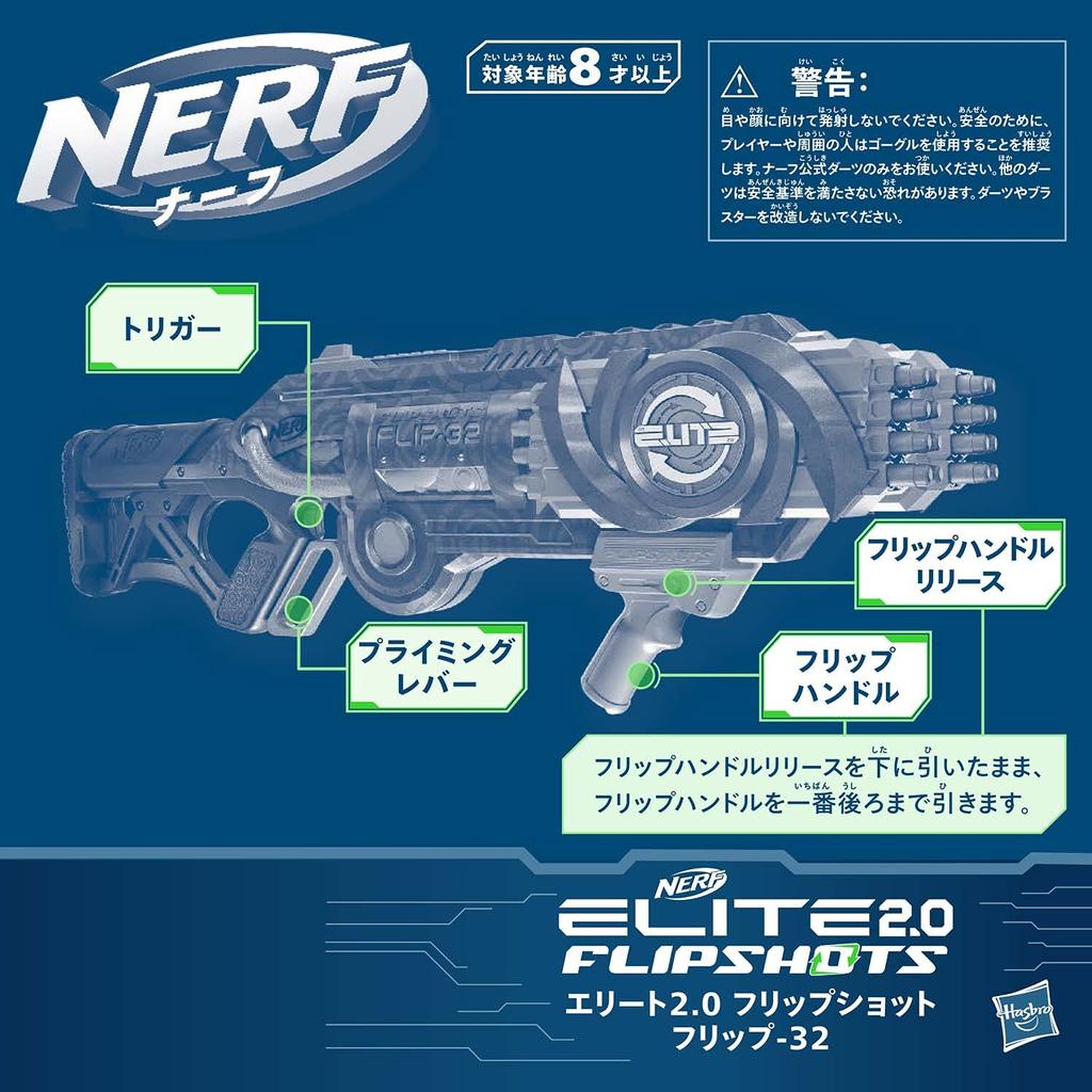 Nerf Elite 2.0 Flipshot Flip-32, mit 32 aufklappbaren Läufen für doppelte Schusskapazität, 32 Schuss Kapazität, und enthält 32 offizielle Nerf Elite