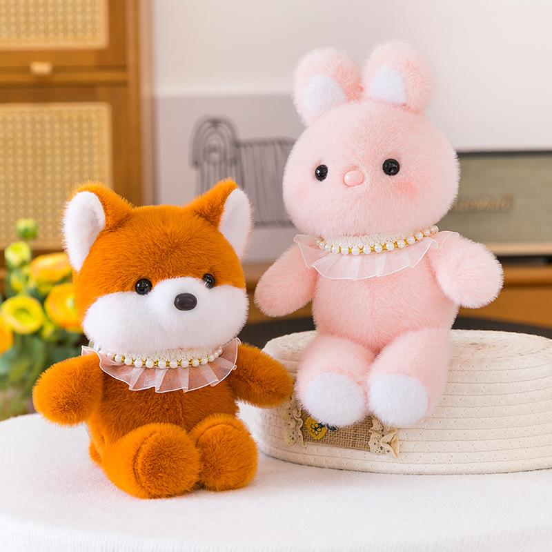 New cute pearl necklace raccoon plush toy bunny doll soothing doll