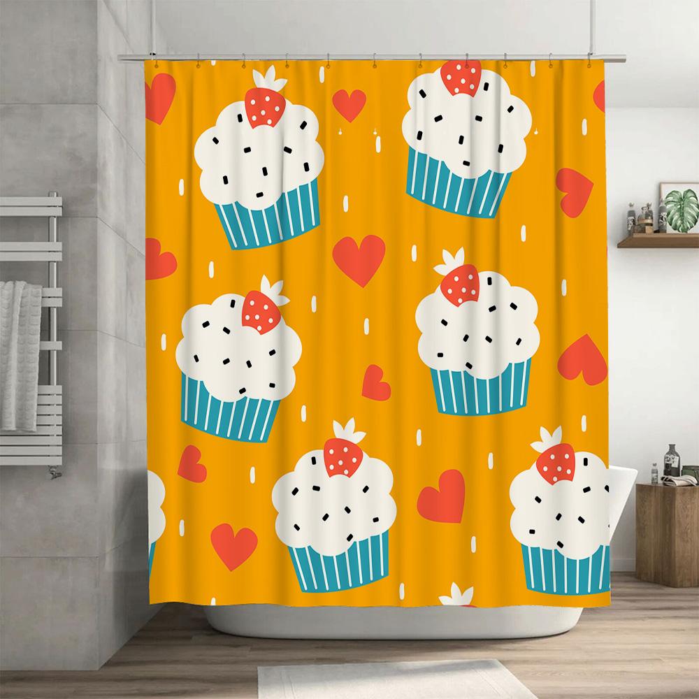 Cute Cupcake Shower Curtain Bathroom Decor with Strawberry Pattern for Kids Room Yellow Color (180x240cm)