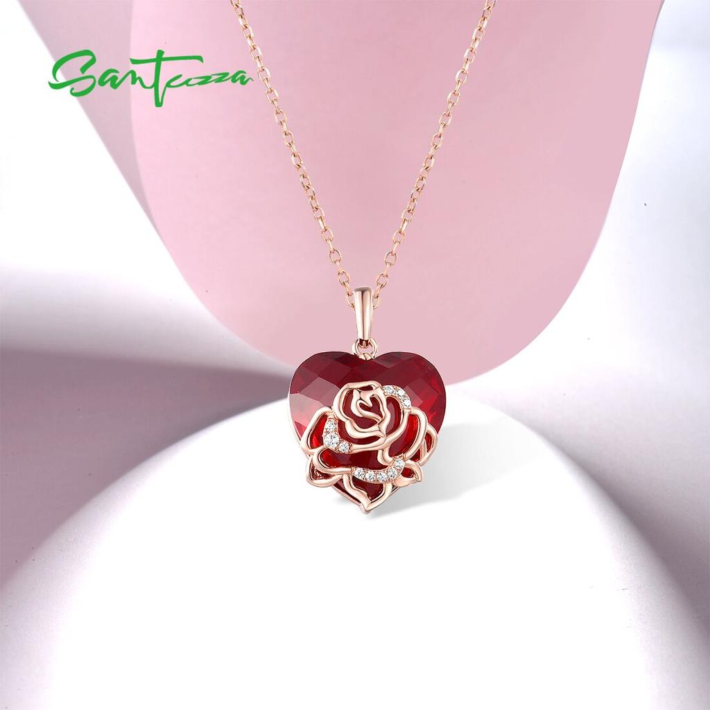 Silver Pendant for Women Pure 925 Sterling Silver Red Stones White CZ Romantic Rose Heart Pendant Gifts Fine Jewelry