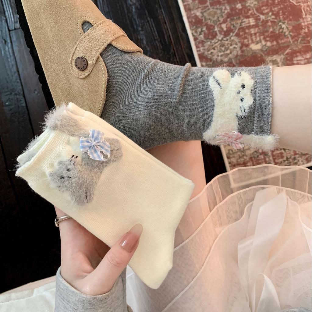Three-Dimensional Plush Kitten Stacking Socks Korean Sweet Plaid Medium Tube Socks Bow Decorative Soft Waxy Socks