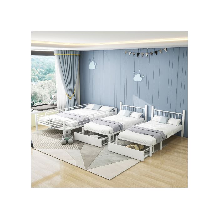 Dreifaches Etagenbett - MUVOE - Umwandelbar 140x200 und 90x200 - Mit Schubladen - Weißes Metall - 3 Schlafplätze