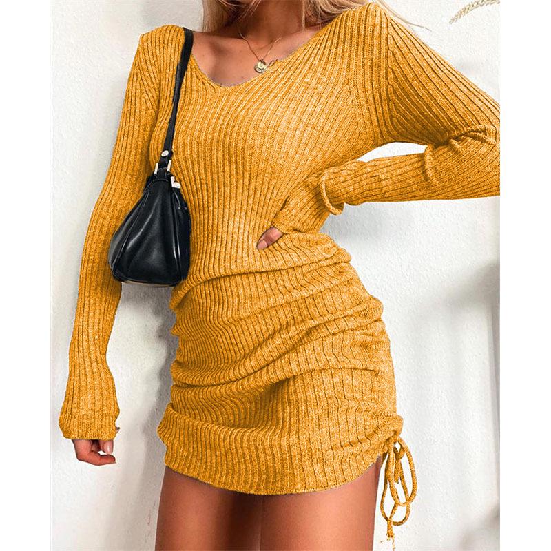 V-neck Knitted Sweater Dress - Long Sleeve, Slim Fit, Ruched Drawstring, Ribbed Design for Autumn/Winter