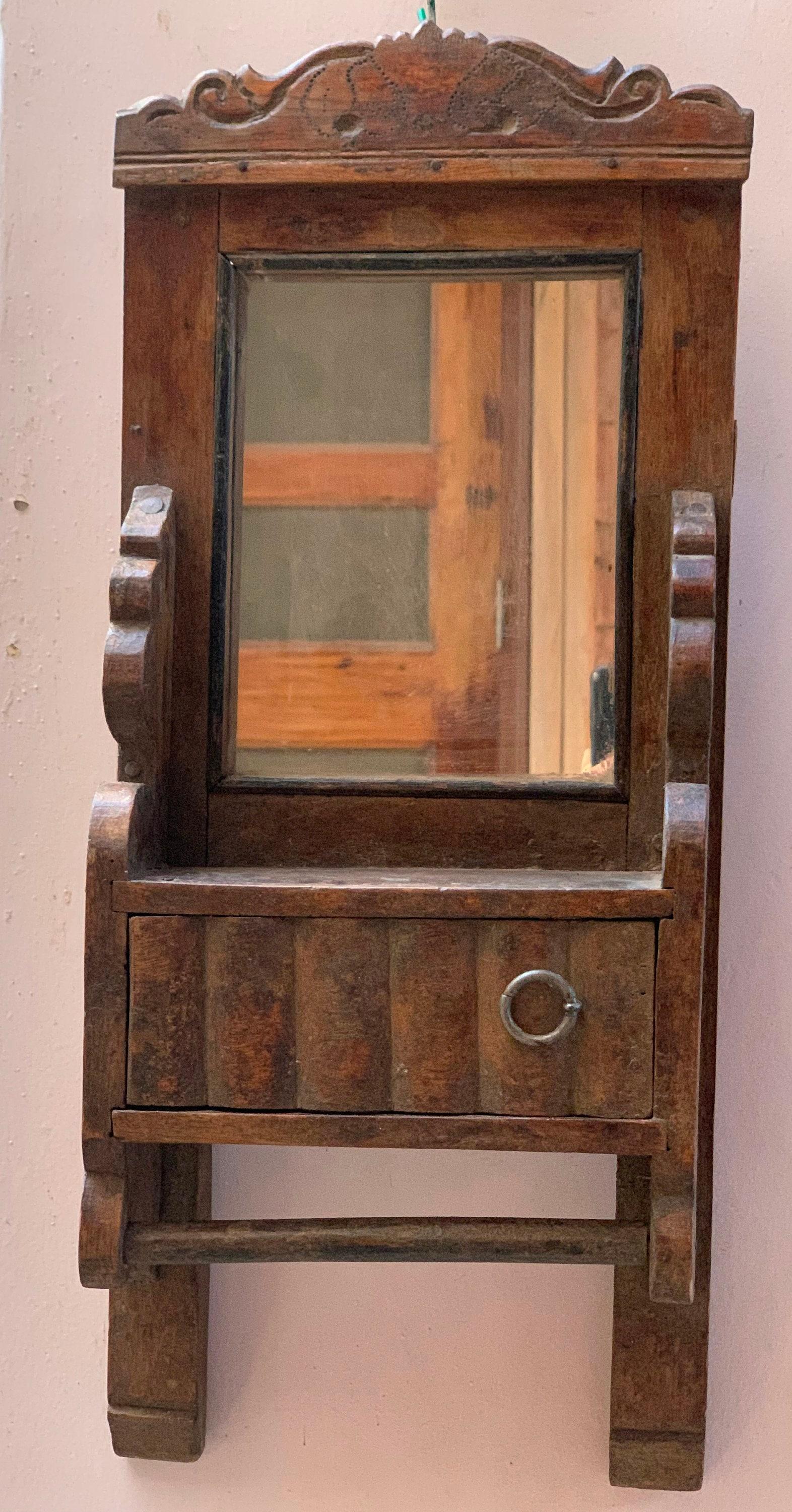 

Handmade Carved Wooden Wall Mirror with Drawer: Antique Indian Decor 16” X 8” X 24” (l x w x h) разноцветный