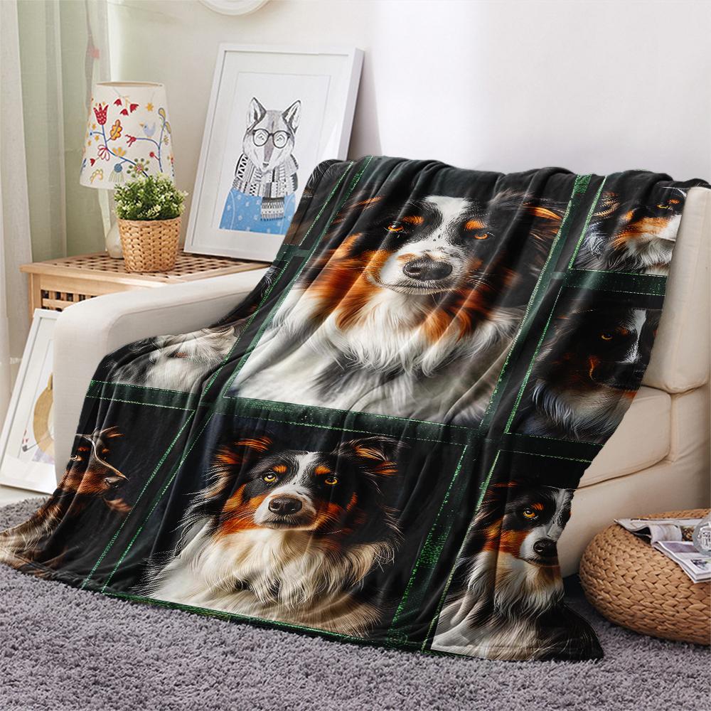 1Pc Border Collie Retriever Print Flannel Blanket, High quality Comfortable for All Seasons, Home Decor, Warmth and Comfort, Perfect for Gifts