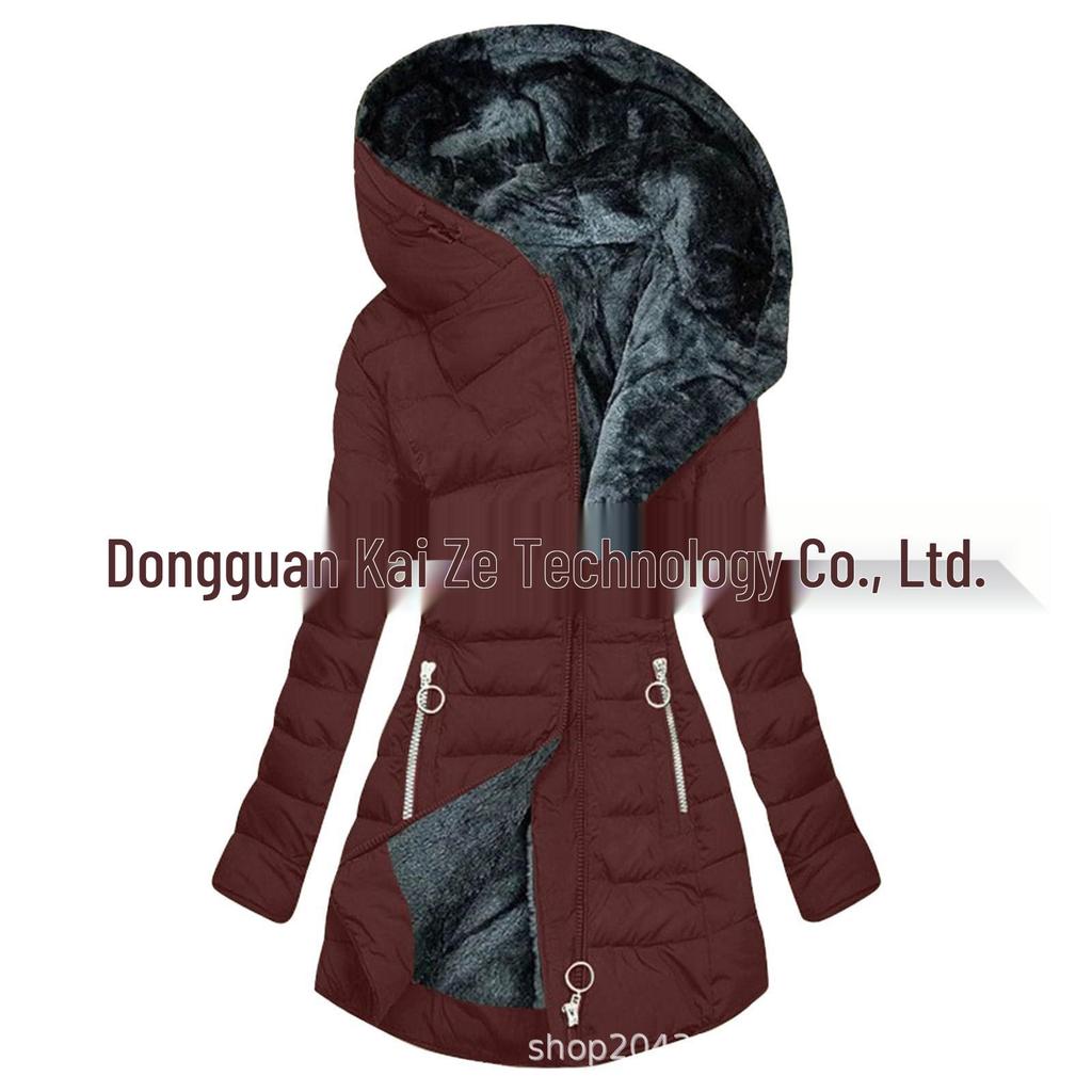 Mid-Length Slimming Hooded Jacket - Women's Thickened Cotton with Velvet Lining