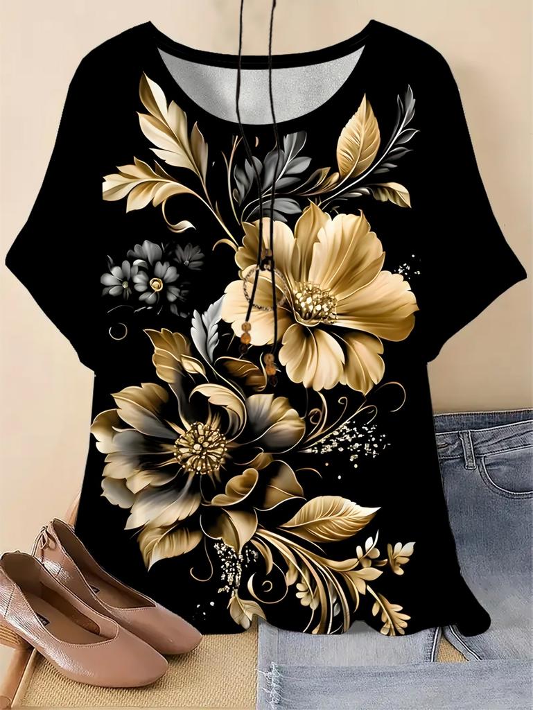 Sommer Damen Blumen T-Shirt 3D Druck Lockerer Schnitt Rundhals T-Shirts Bequeme Damenbekleidung Lässig Elegant Oversize Damen Oberteile