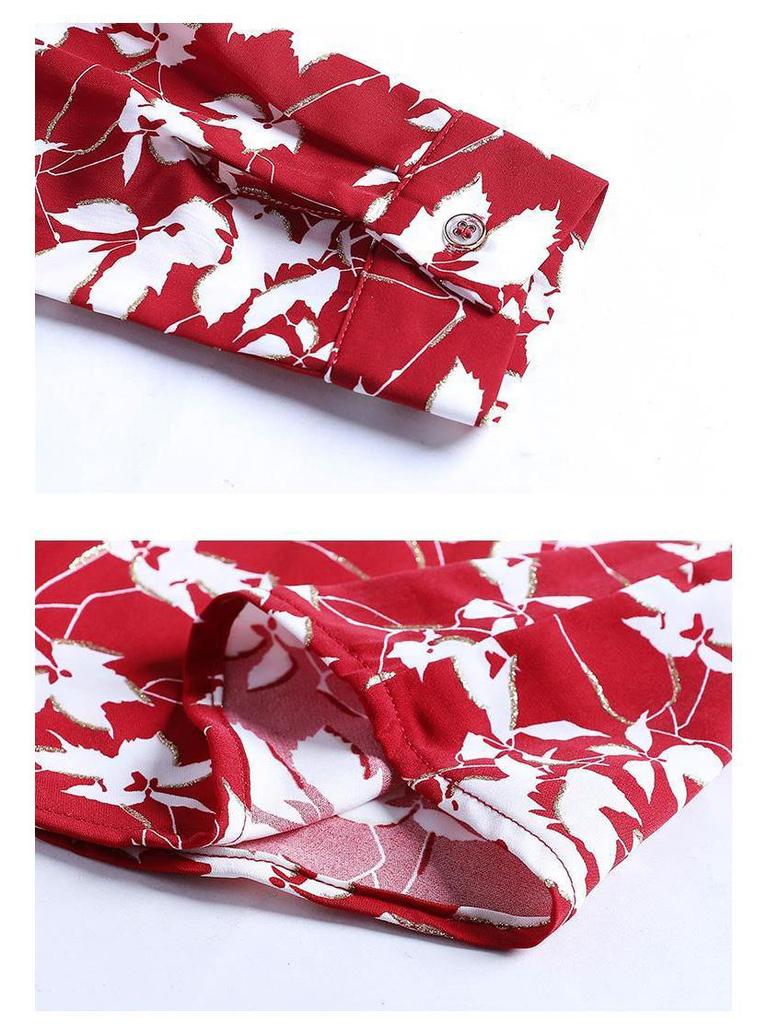 Camisa de Chifón Floral de Otoño para Mujer de Corte Slim Retro de Manga Larga