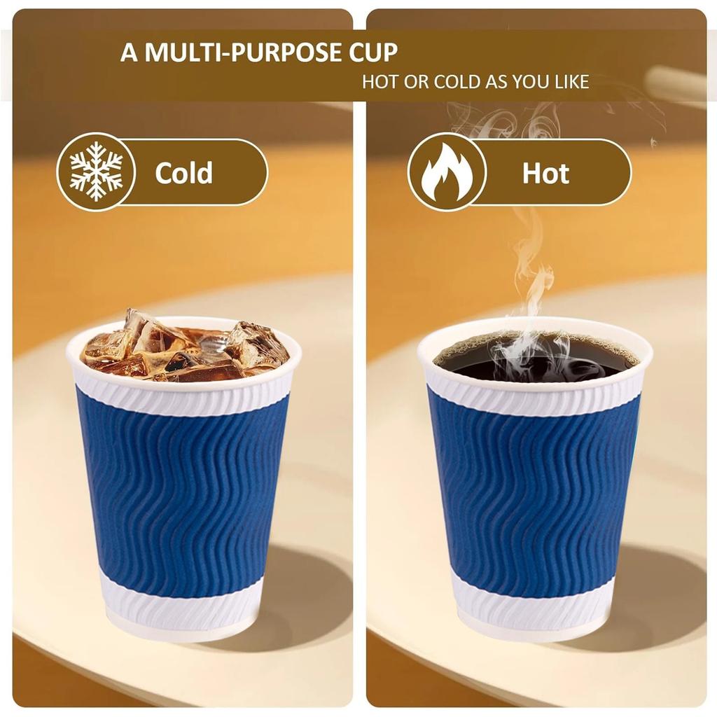 Disposable Paper Cups With Lids 12 Oz, Insulated Takeaway Cups, Corrugated Double Wall, Blue 50 Count