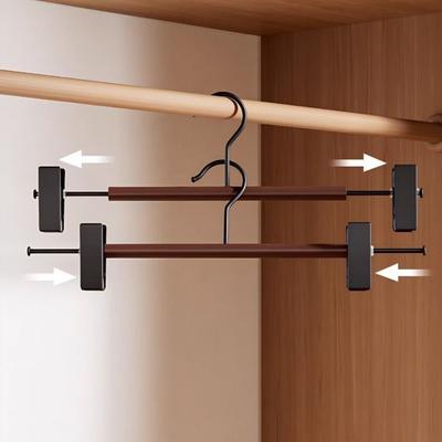 6 Pieces Adjustable Wood Pants Hangers Windproof Anti-slip Trouser Hangers with Clips Space Saving Clothes Hanger Shorts Socks
