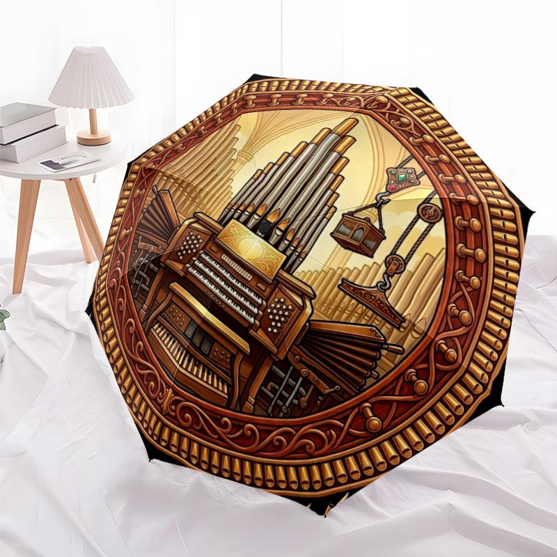 Golden Organ Symphony Pattern Umbrella, Portable and Foldable Design, 8 Ribs, a Casual Accessory for Halloween, Christmas, and Birthday Gifts.