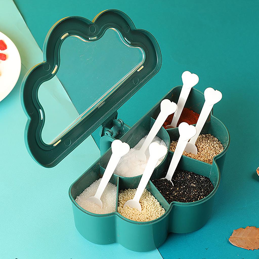 6 Grids Seasoning Box with Clear Lid Multifunctional Space Saving Handheld Seasoning Box with 6 Scoo