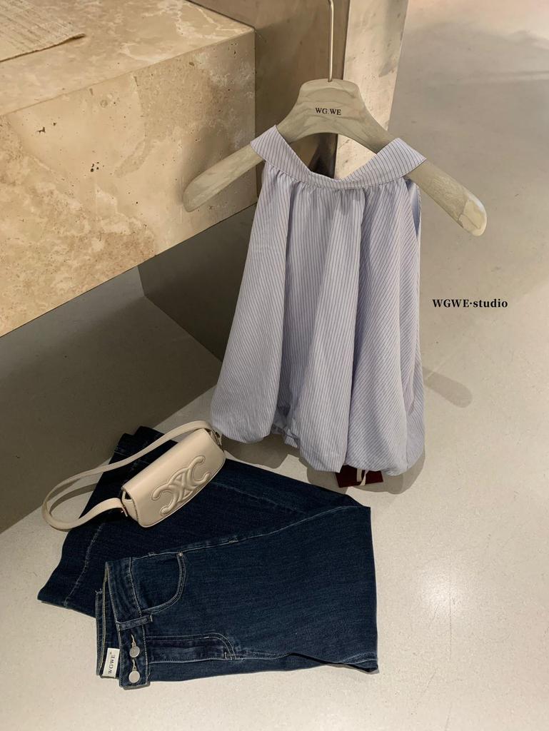 Spring/Summer Women's Striped Ribbon Halter Sleeveless Lace-up Top - Trendy Style