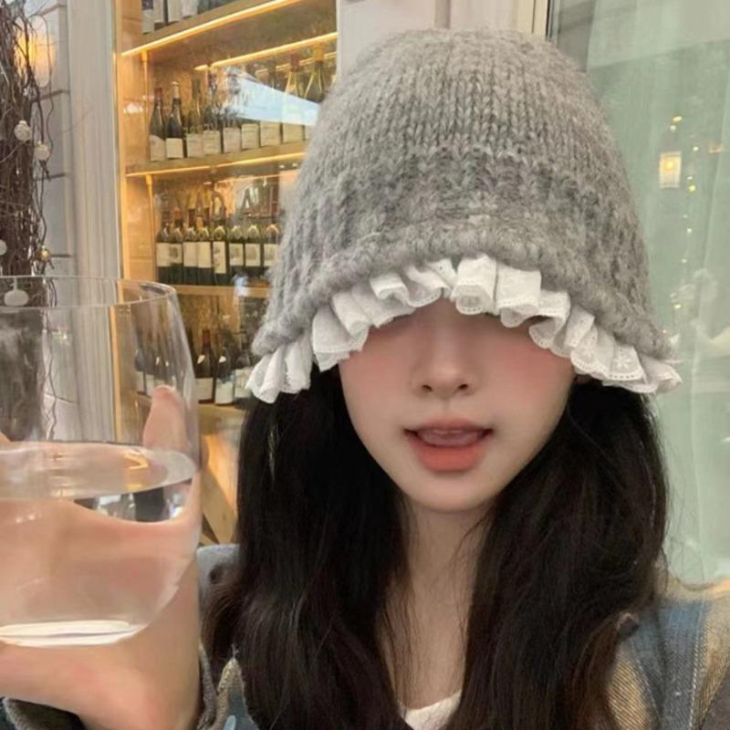 Lace Lace Knitted Bucket Hat Women Autumn and Winter Small Face Wool Hat Big Head Circumference Plush Hat Winter