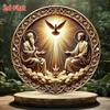 Divine Scene Metal Wall Art  Holy Trinity with Golden Hues  Doves  D Flat Decor