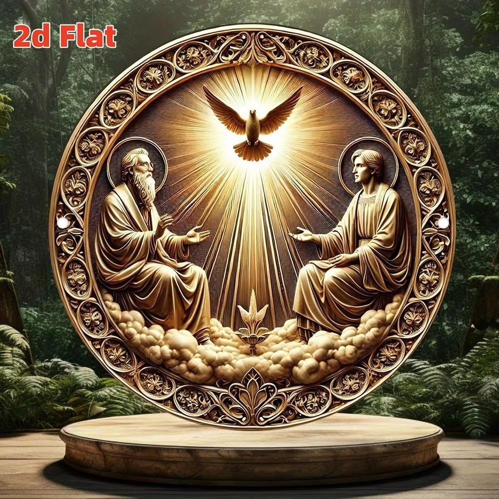 Divine Scene Metal Wall Art Holy Trinity with Golden Hues Doves D Flat Decor
