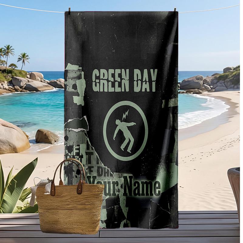 Green Day Custom Beach Towel, Print Your Name Text Lightweight Absorbent Towel for Swimming Travel