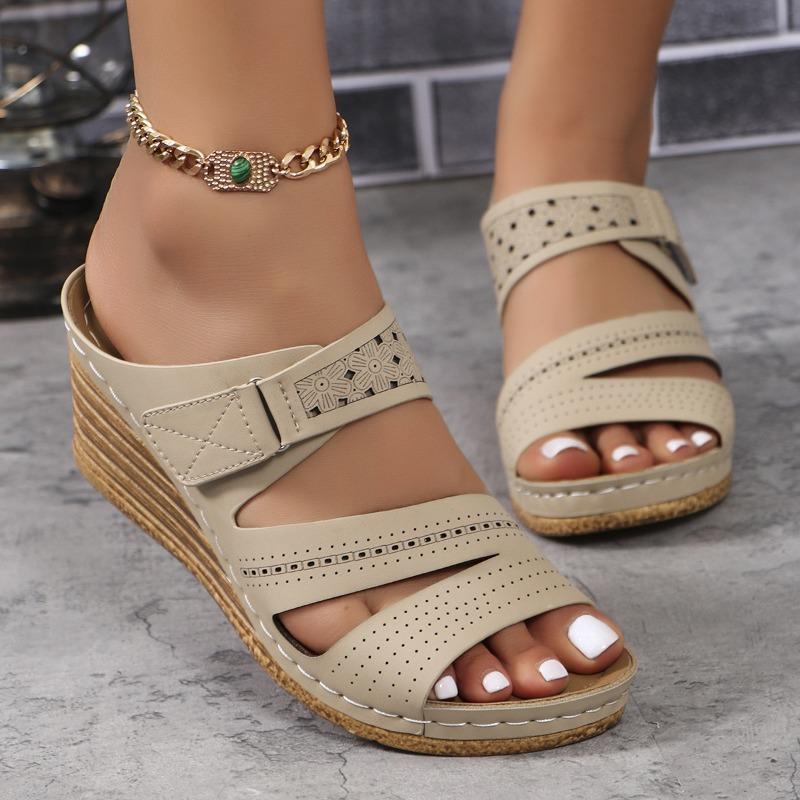High Heel Platform Peep Toe Wedge Sandals - Comfortable Strappy Back Slip-On Shoes with Faux Leather Upper and Rubber Sole