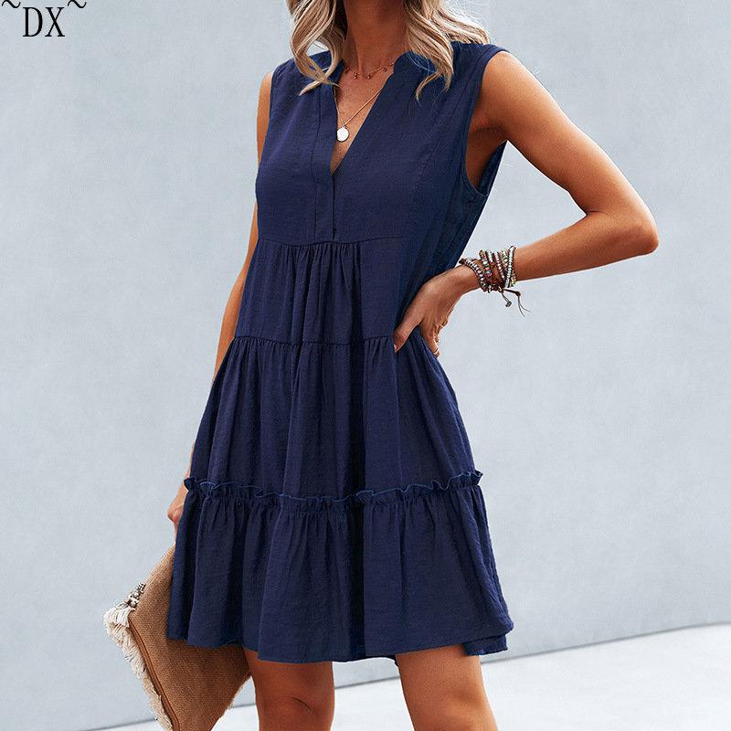 DX~~2023 Summer Europe and America V-neck Sexy Solid Color Dress Irregular Splice Sleeveless Commuter Big Swing Dress Women