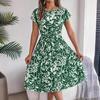 Women Floral Pleated High Waist A Line Long Dress Short Sleeve Spring Summer