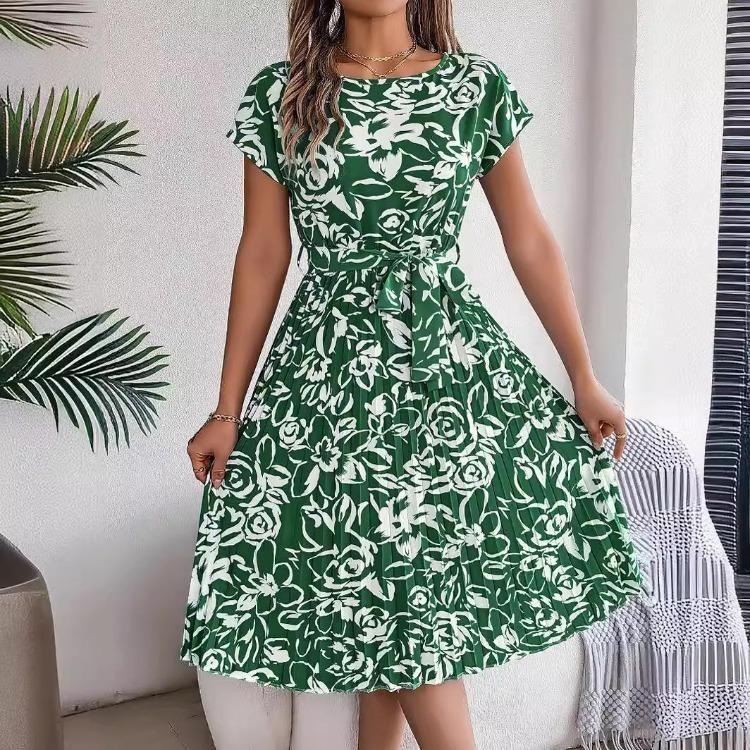 Women Floral Pleated High Waist A Line Long Dress Short Sleeve Spring Summer