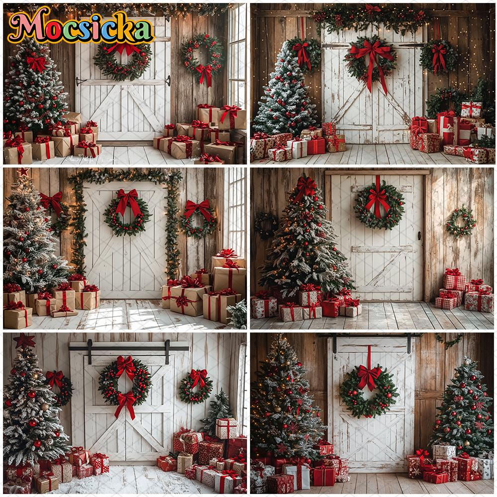 Mocsicka Photography Background Christmas Tree Door Decoration Child Family Holiday Party Studio Backdrop Shooting Studio Banner