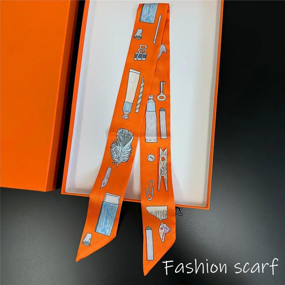 

1PC New Korean Style Handle Women Twill Print Scarf Long Ribbon Hair Band Necklace Narrow Silk Scarf Bag Decoration Accessory 90X5CM