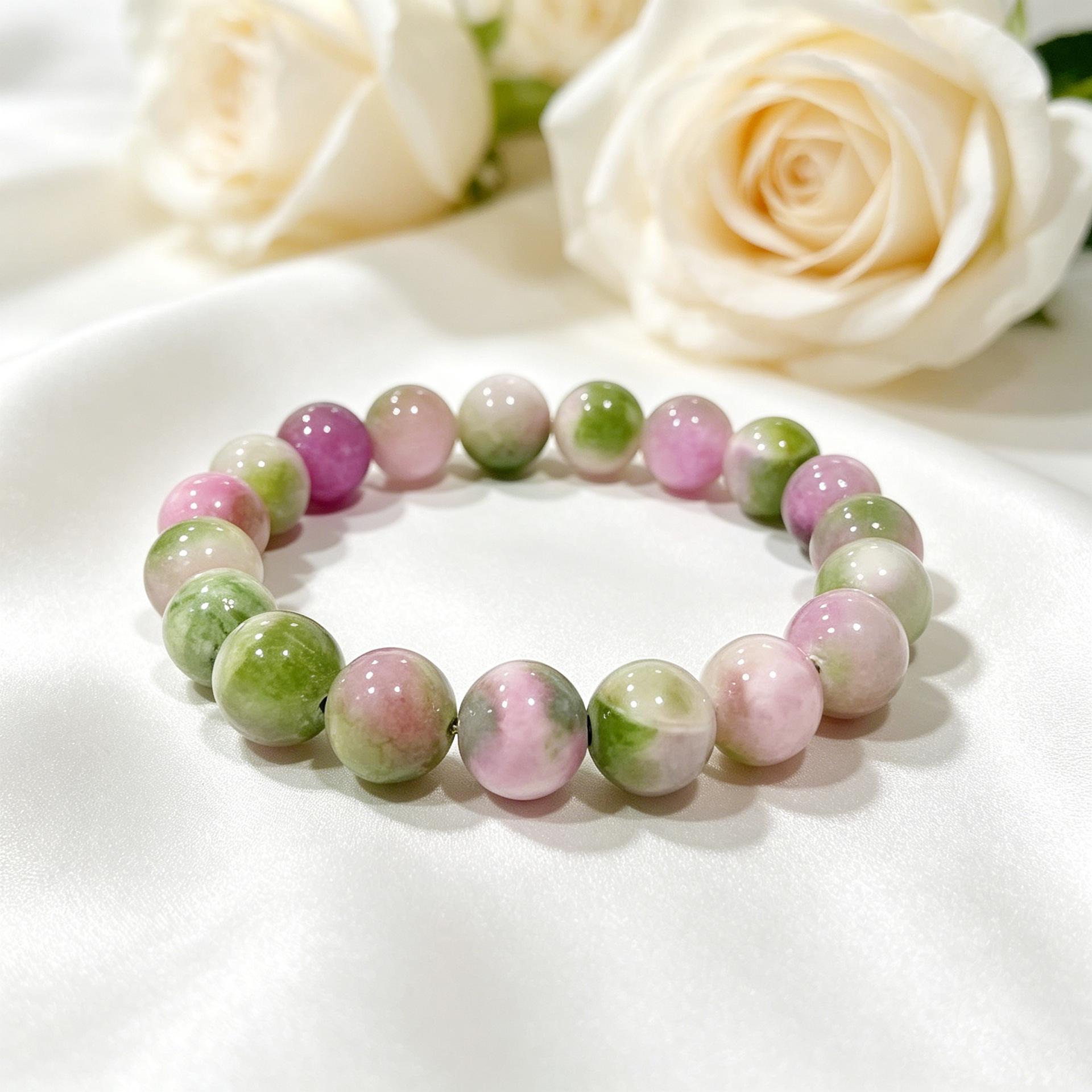 Handmade Natural Stone Pink Green Round Bead Bead Bracelet, Fresh and Sweet Girl Series Bracelet