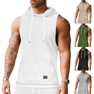Men's Summer Casual Knit Hoodie Men's Sleeveless T-shirt Patch Pocket Drawstring Vest