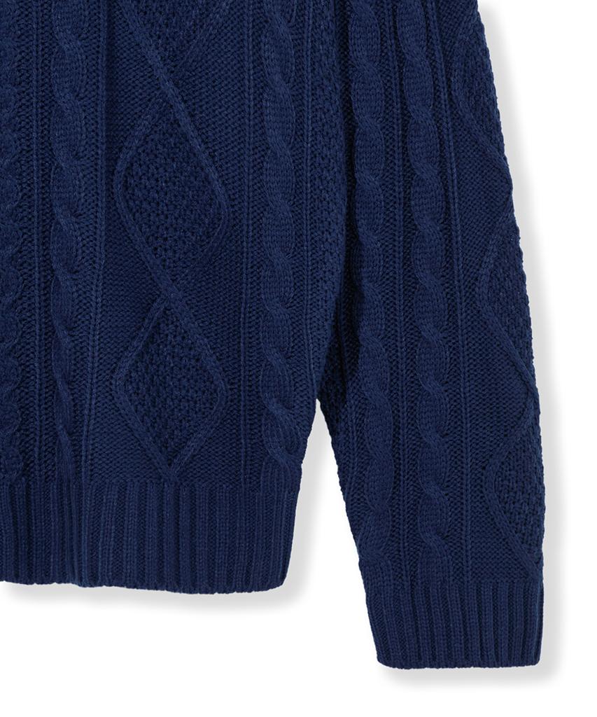 Nodu Fisherman Cable Round Neck Semi-Oversized Long Sleeve Knit Cable Knit Cardigan [Navy]