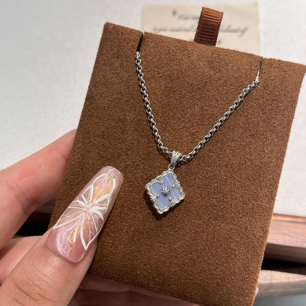 Butcher Brass Small Four-Leaf Clover Purple Chalcedony Pine Necklace Double-Sided Wear Old Money Light Luxury Premium Clavicle Chain