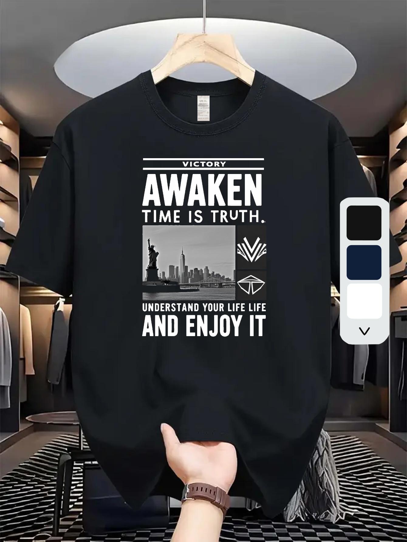 Navy Blue Awaken Time is Truth Graphic T-shirt - Inspirational New York City Print XXXXL