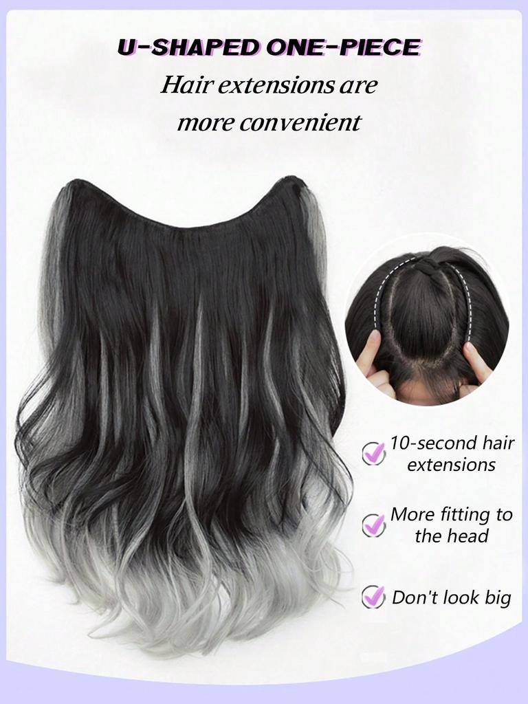 One Piece U-Shaped Hair Extensions Piece Long Wavy Curly Hairstyle Synthetic Highlight Gray Hairpieces Heat Resistant