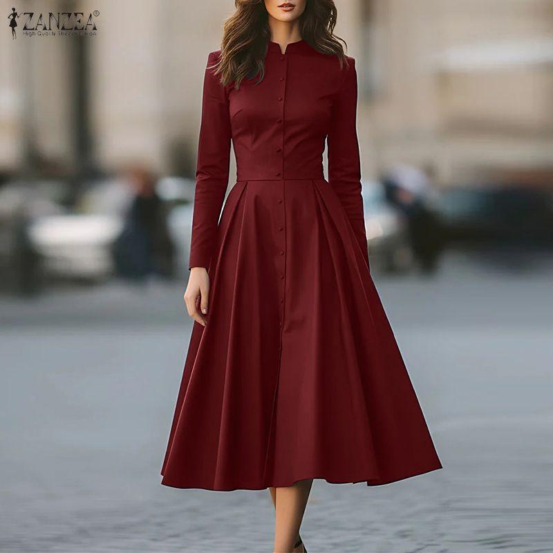 ZANZEA Women Casual Stand Collar Elegant Long Sleeve Dress