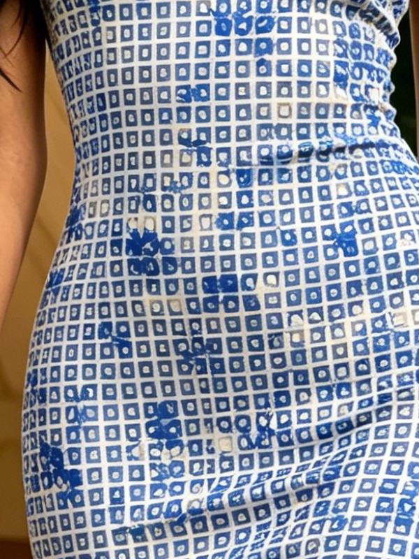 Blue White Geometric Square Print One Shoulder Spaghetti Strap Bodycon Midi Dress Elegant Cocktail Dress