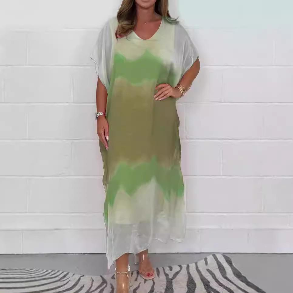 Long Sleeveless V-Neck Loose Fit Maxi Dress with Abstract Tie-Dye Print In Black, Gray, and Beige